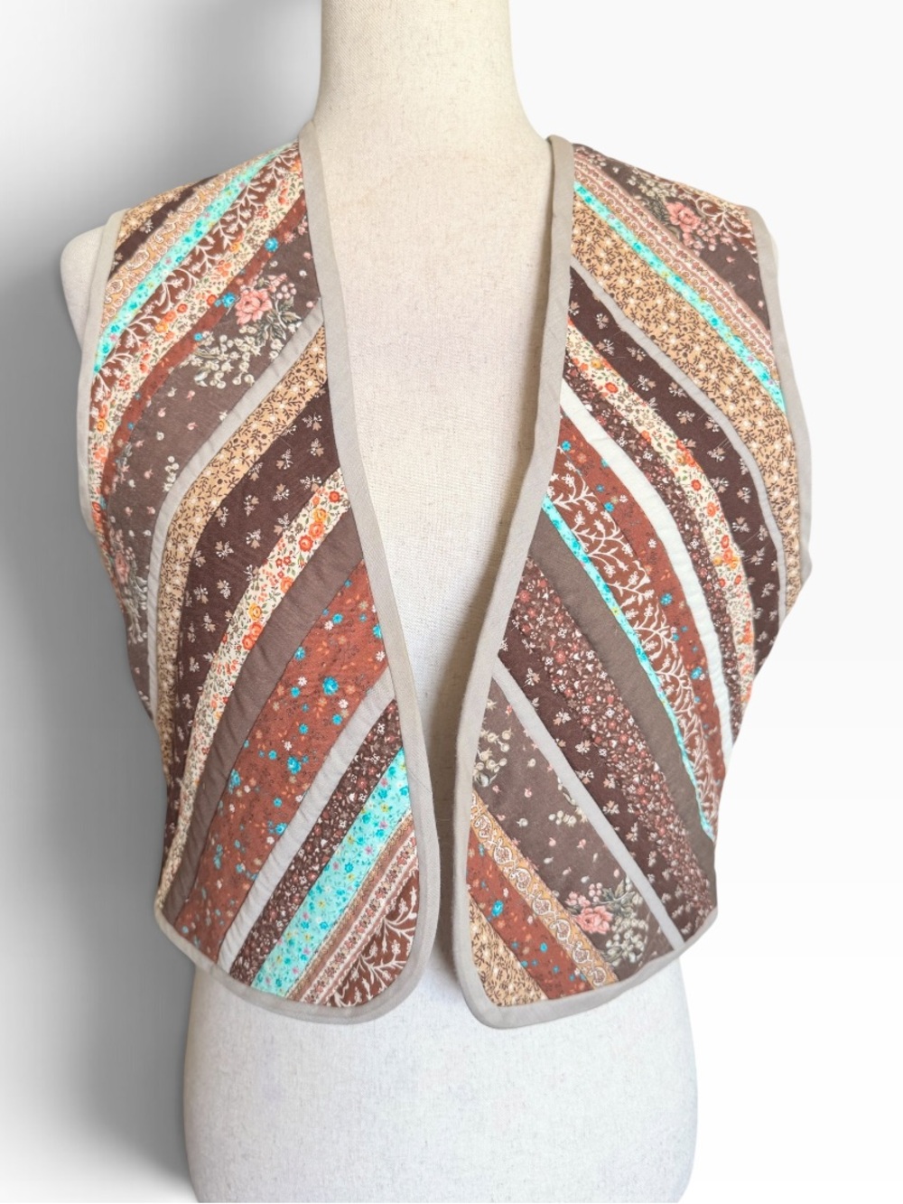 Vintage Quilted Patchwork Vest - Brown, Turquoise & Cream